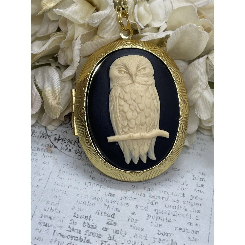 Ylw Gold Photo Locket Necklace Birthday Gift Spooky Owl Barn Tree Hoot Fall Mom